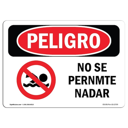 OSHA Danger Sign, No Swimming Spanish, 14in X 10in Rigid Plastic